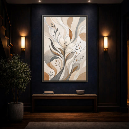 Floral Abstract Flower Beige Brown Grey Framed Canvas Wall Art - Modern Decor for Living Room, Above Fireplace shown as canvas wall art