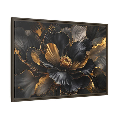 Main Mockup. Floral Abstract Flower Black Gold Floral shown as stretched canvas wall art
