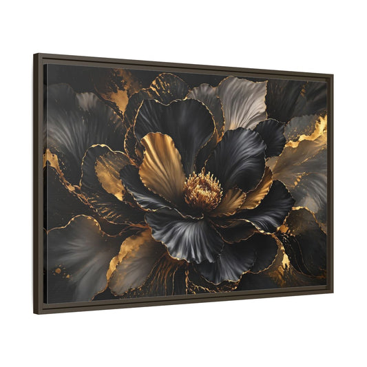 Main Mockup. Floral Abstract Flower Black Gold Floral shown as stretched canvas wall art