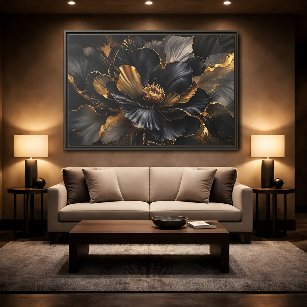 Mockup 2. Floral Abstract Flower Black Gold Floral shown as stretched canvas wall art