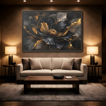 Mockup 2. Floral Abstract Flower Black Gold Floral shown as stretched canvas wall art