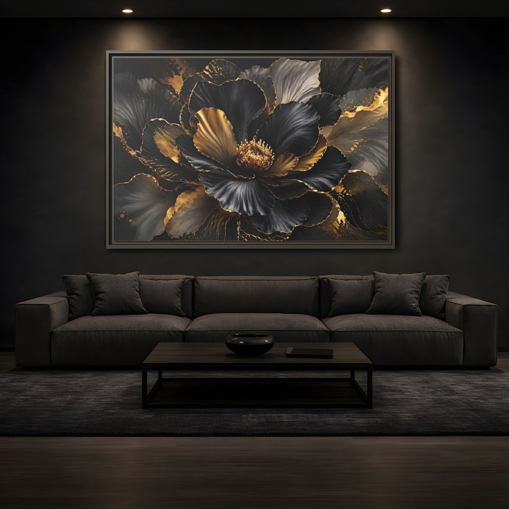 Mockup 3. Floral Abstract Flower Black Gold Floral shown as stretched canvas wall art