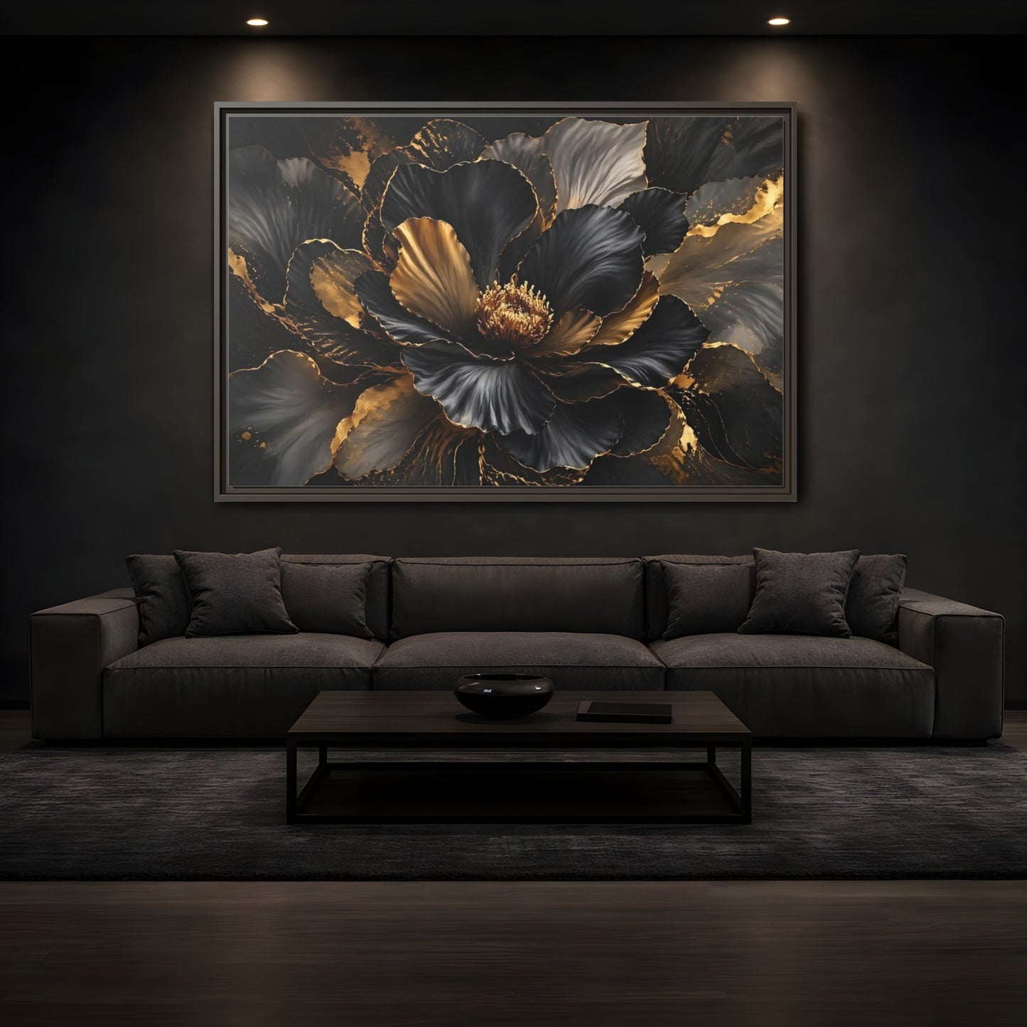 Mockup 3. Floral Abstract Flower Black Gold Floral shown as stretched canvas wall art