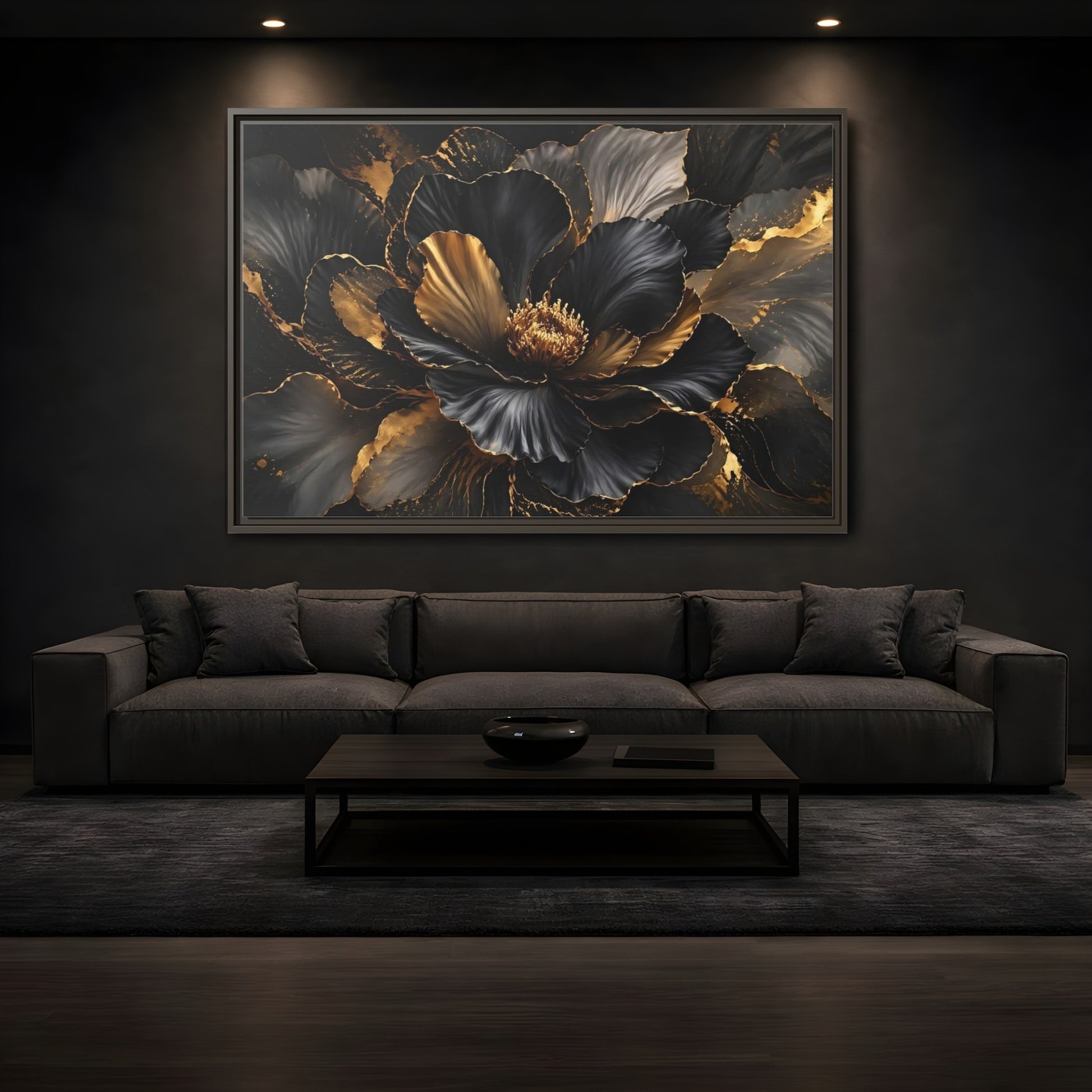 Mockup 3. Floral Abstract Flower Black Gold Floral shown as stretched canvas wall art