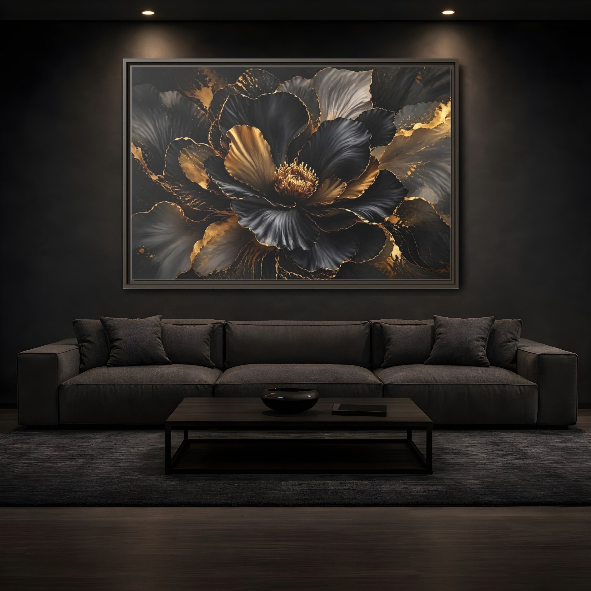 Mockup 3. Floral Abstract Flower Black Gold Floral shown as stretched canvas wall art
