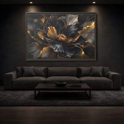 Mockup 3. Floral Abstract Flower Black Gold Floral shown as stretched canvas wall art