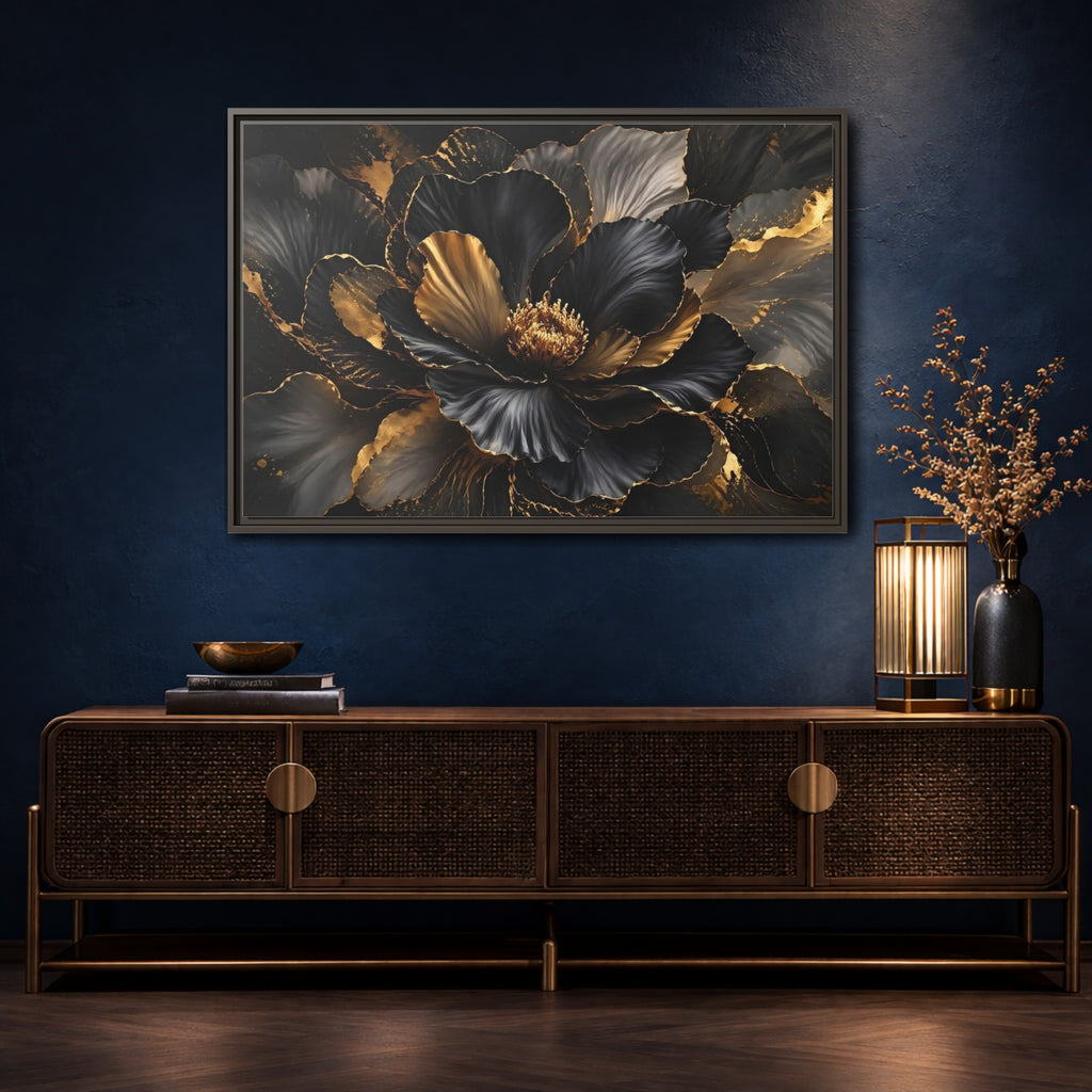 Mockup 4. Floral Abstract Flower Black Gold Floral shown as stretched canvas wall art