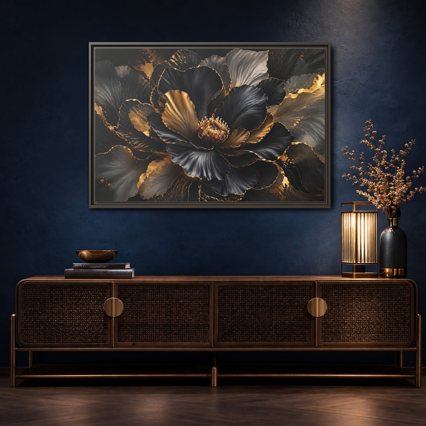 Mockup 4. Floral Abstract Flower Black Gold Floral shown as stretched canvas wall art