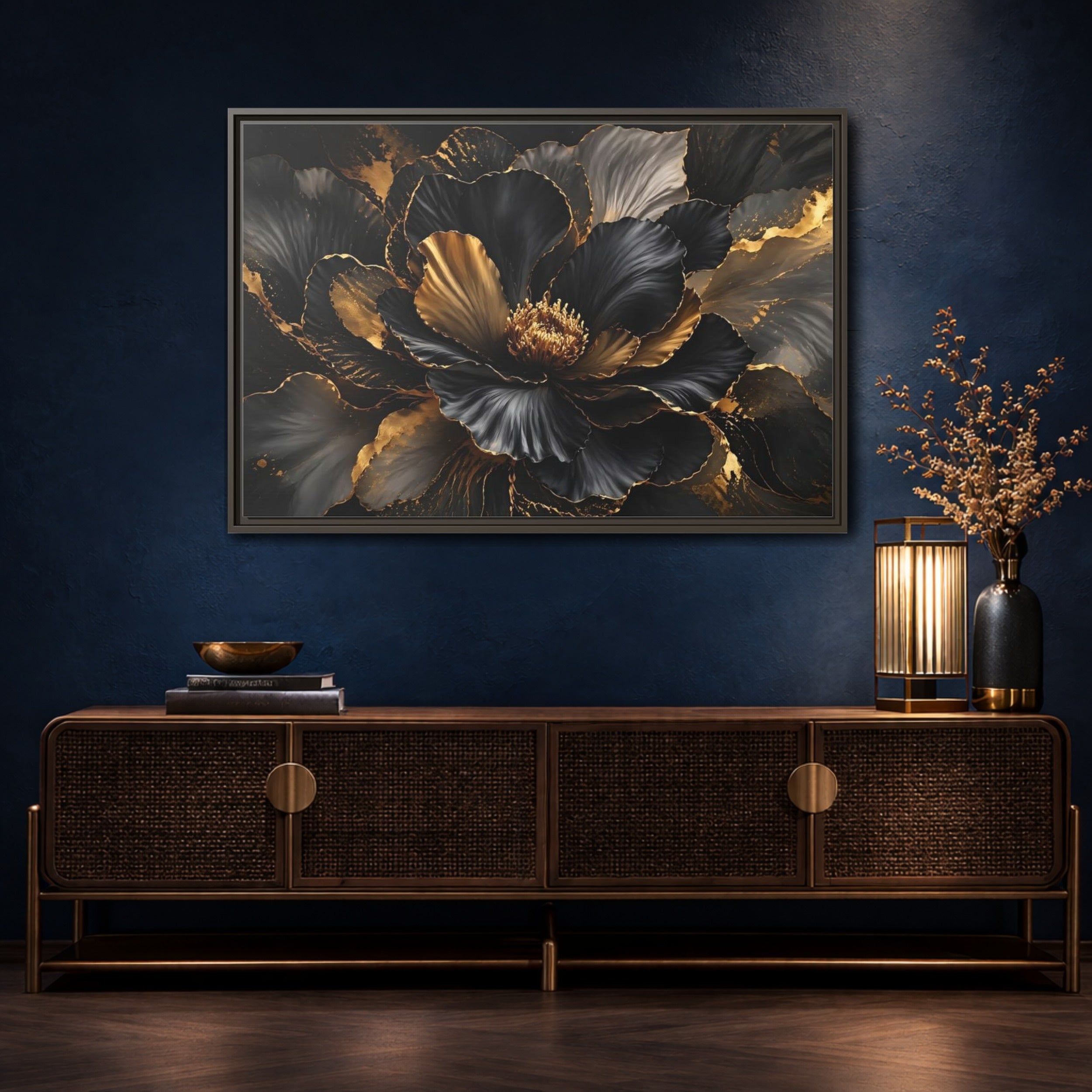 Mockup 4. Floral Abstract Flower Black Gold Floral shown as stretched canvas wall art