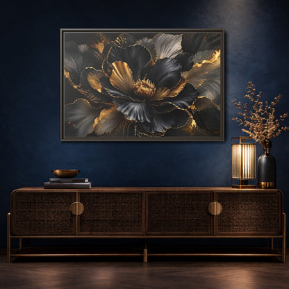 Mockup 4. Floral Abstract Flower Black Gold Floral shown as stretched canvas wall art