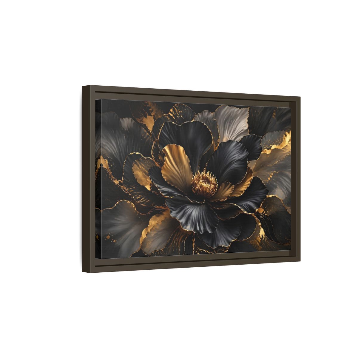 Side Mockup 5. Floral Abstract Flower Black Gold Floral shown as stretched canvas wall art