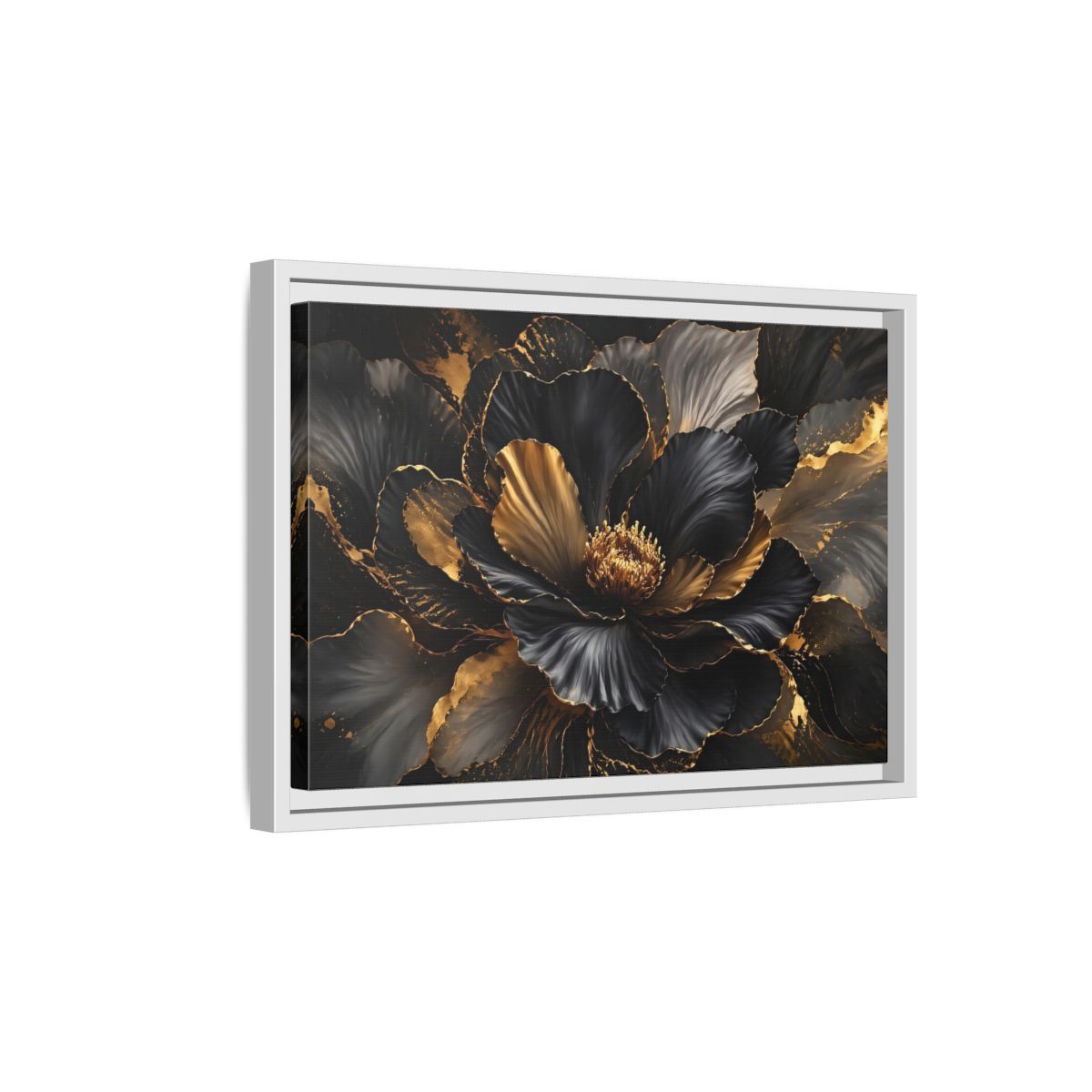 Side Mockup 4. Floral Abstract Flower Black Gold Floral shown as stretched canvas wall art