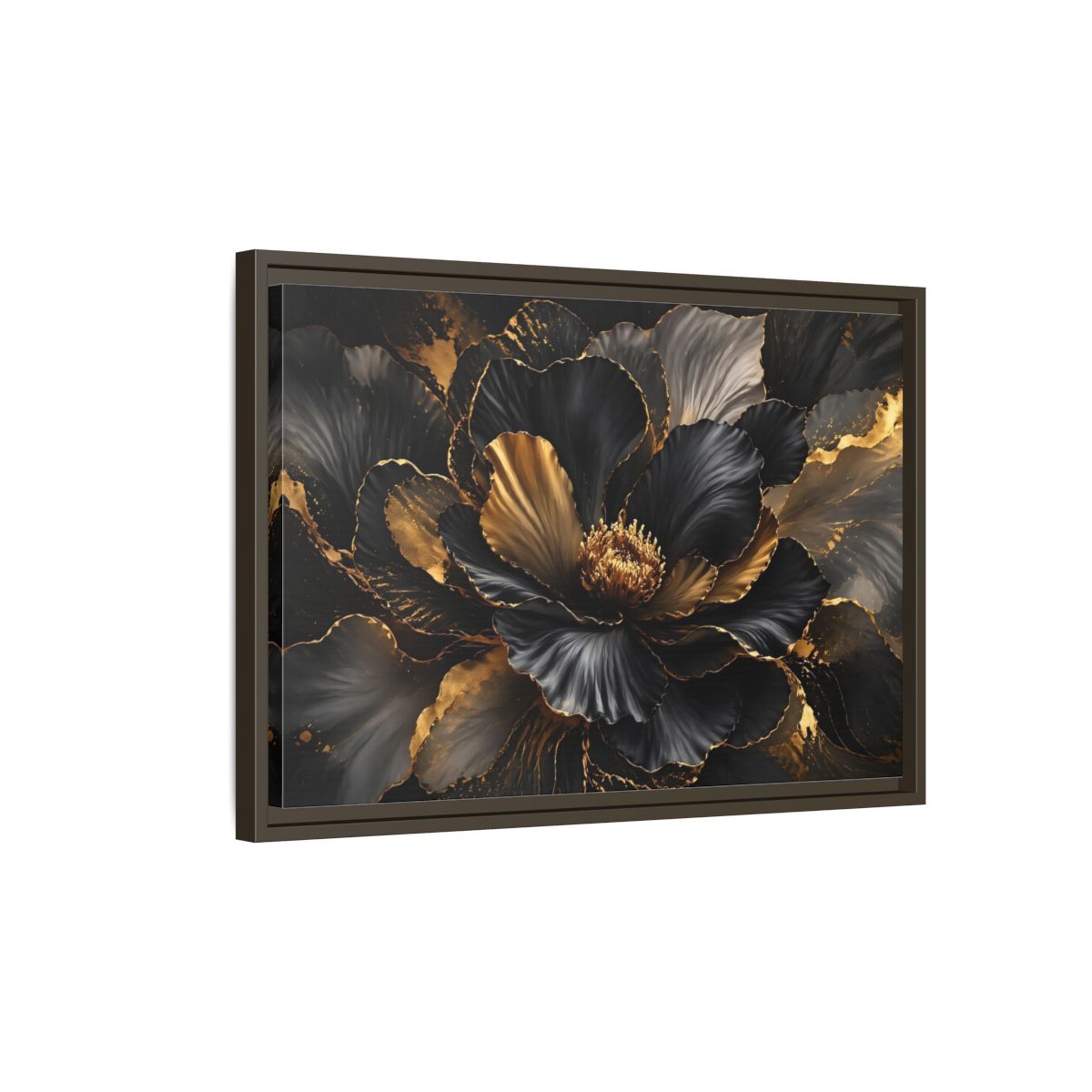 Side Mockup 2. Floral Abstract Flower Black Gold Floral shown as stretched canvas wall art