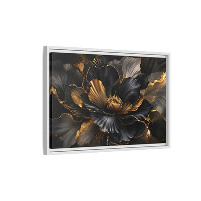 Side Mockup 1. Floral Abstract Flower Black Gold Floral shown as stretched canvas wall art