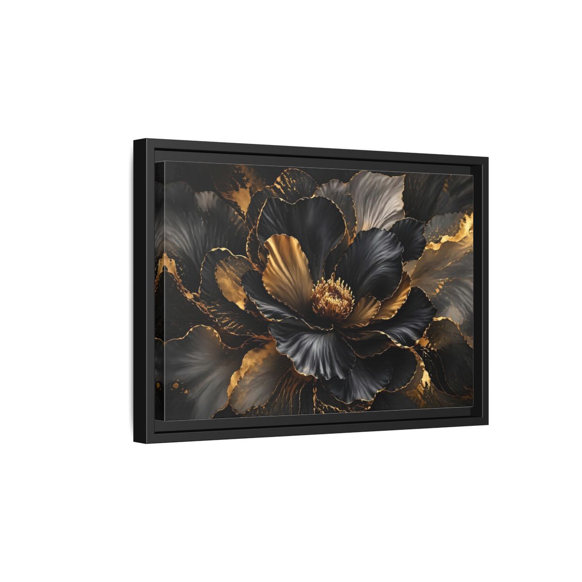 Side Mockup 6. Floral Abstract Flower Black Gold Floral shown as stretched canvas wall art