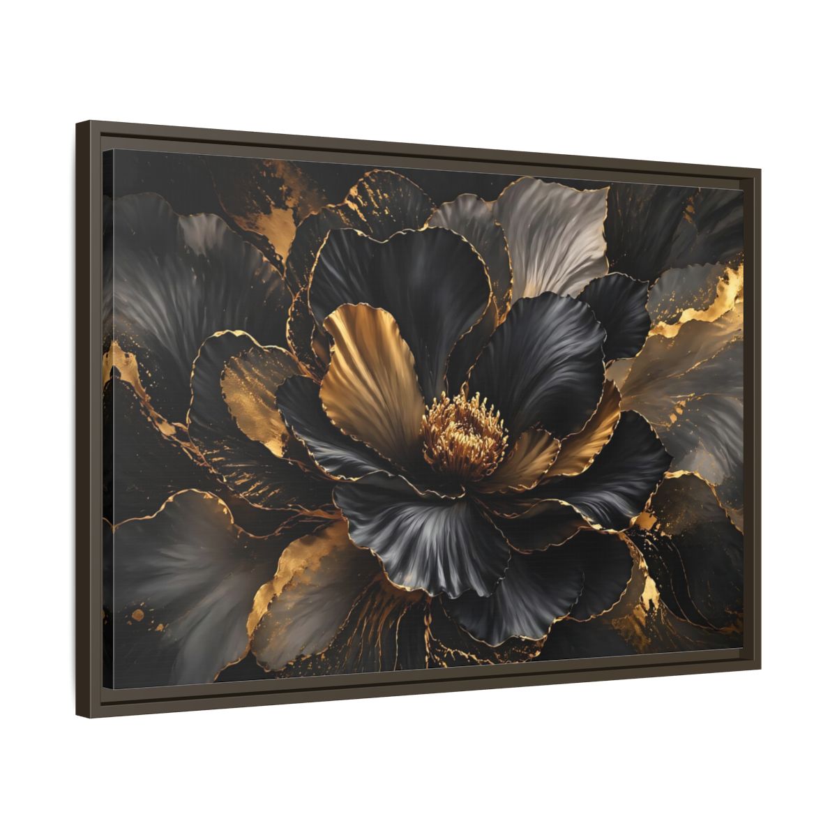 Side Mockup 11. Floral Abstract Flower Black Gold Floral shown as stretched canvas wall art