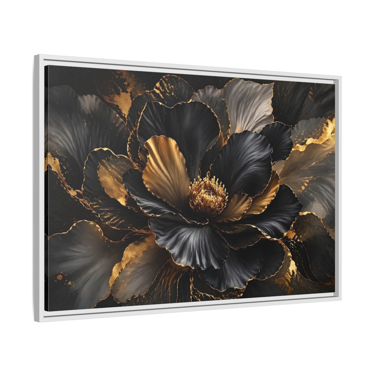 Side Mockup 9. Floral Abstract Flower Black Gold Floral shown as stretched canvas wall art