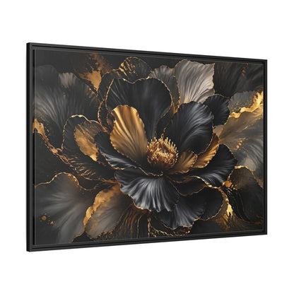 Side Mockup 12. Floral Abstract Flower Black Gold Floral shown as stretched canvas wall art