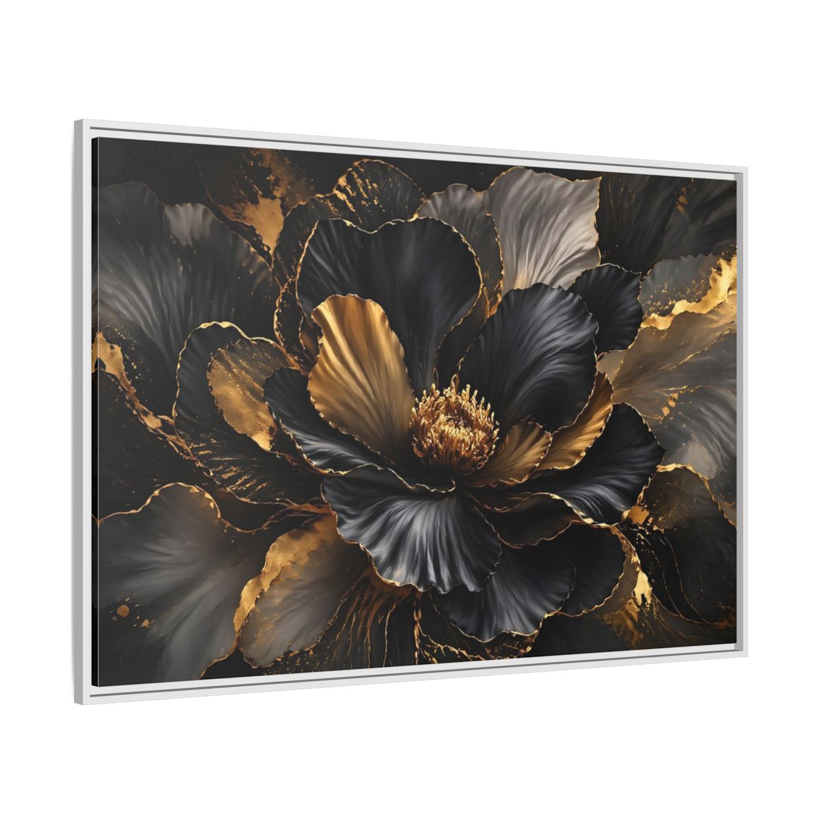 Side Mockup 7. Floral Abstract Flower Black Gold Floral shown as stretched canvas wall art