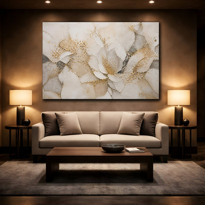 Mockup 2. Floral Abstract Flower Gold And Gray shown as stretched canvas wall art