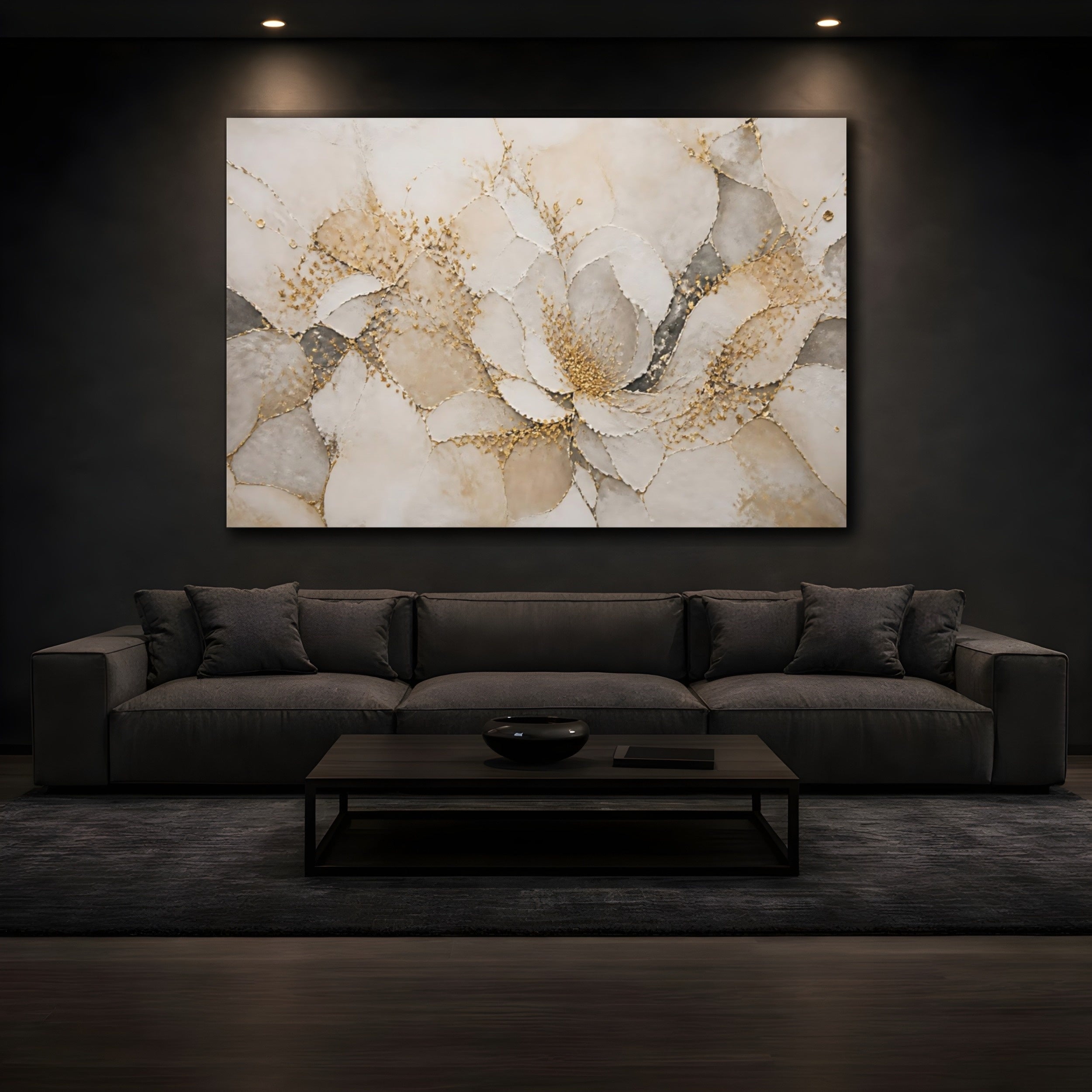 Mockup 3. Floral Abstract Flower Gold And Gray shown as stretched canvas wall art