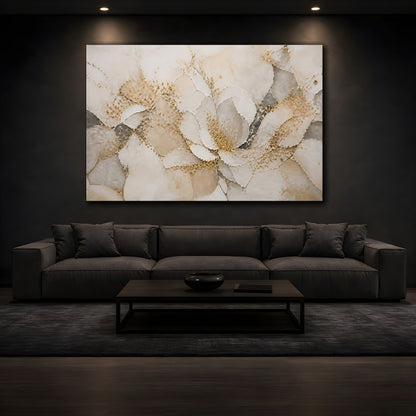 Mockup 3. Floral Abstract Flower Gold And Gray shown as stretched canvas wall art