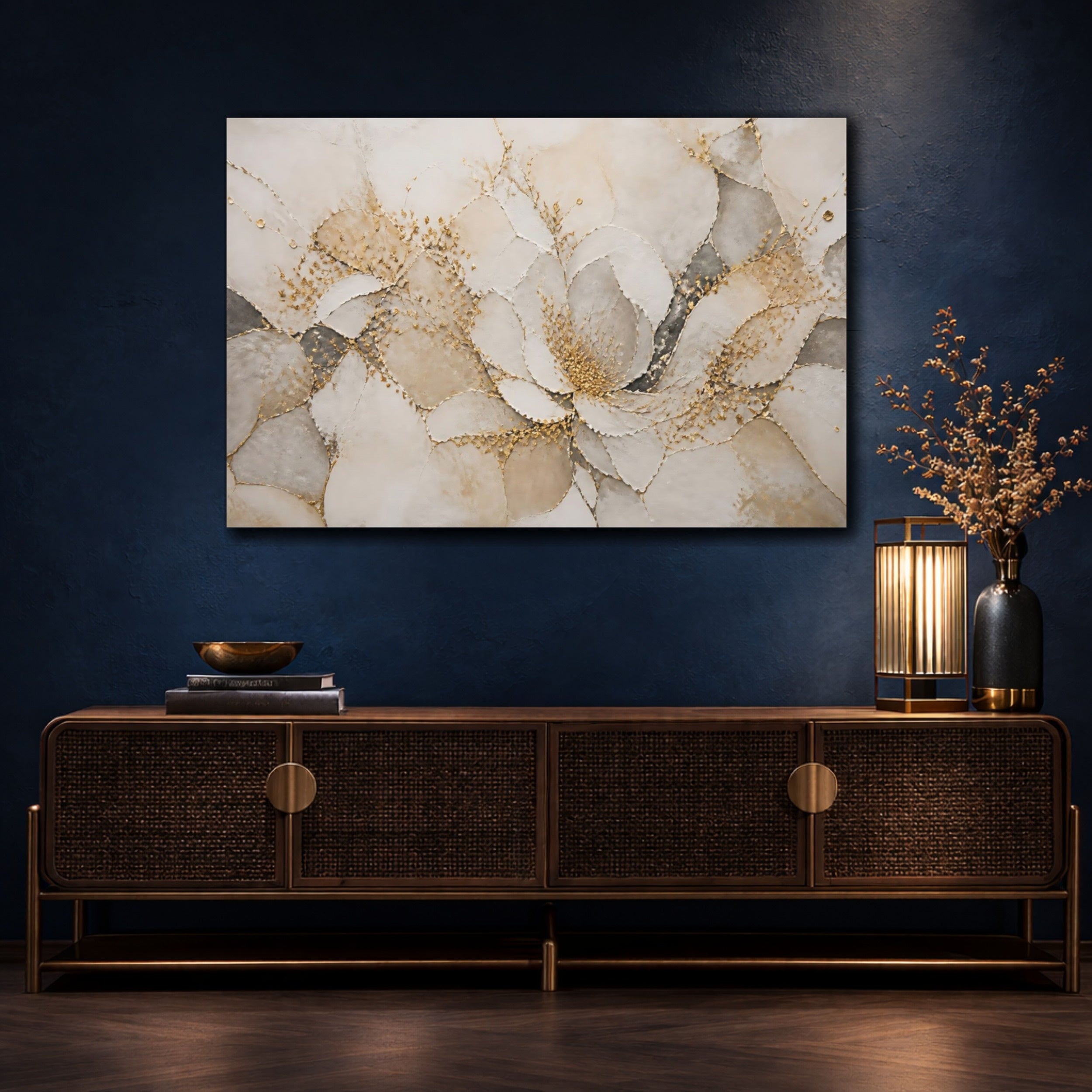Mockup 4. Floral Abstract Flower Gold And Gray shown as stretched canvas wall art