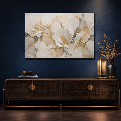 Mockup 4. Floral Abstract Flower Gold And Gray shown as stretched canvas wall art