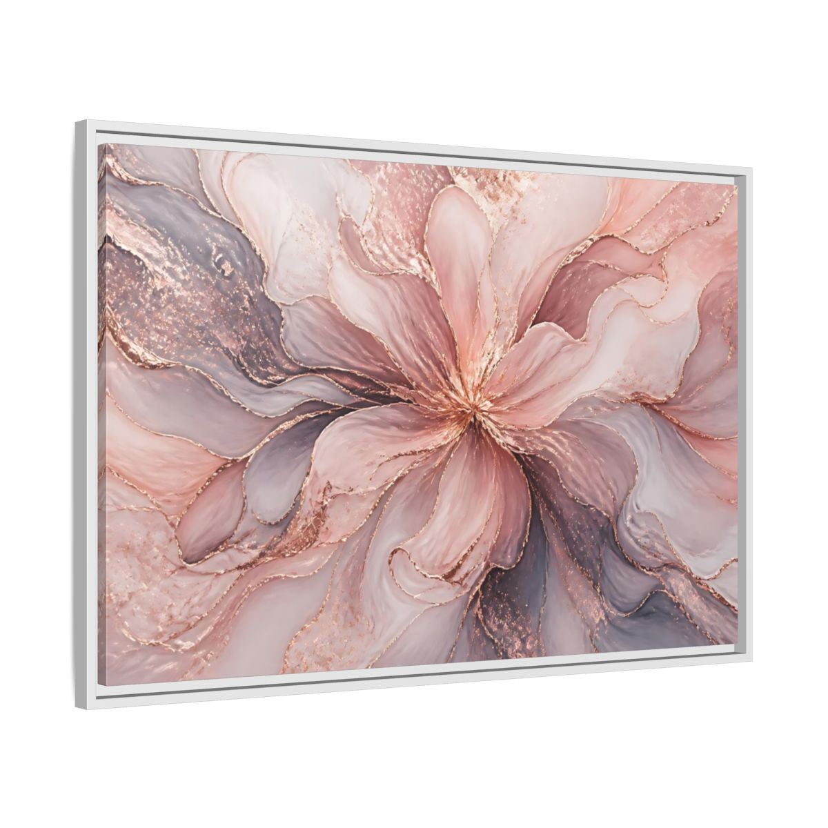 Side Mockup 9. Floral Abstract Flower Pink And Rose Gold shown as stretched canvas wall art