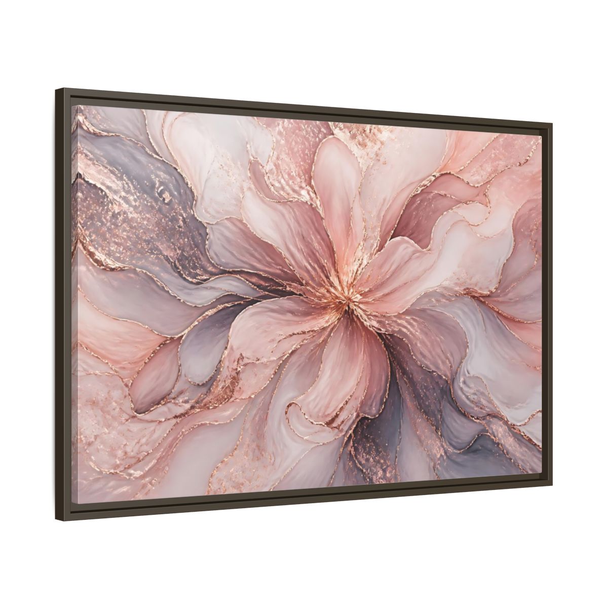 Main Mockup. Floral Abstract Flower Pink And Rose Gold shown as stretched canvas wall art