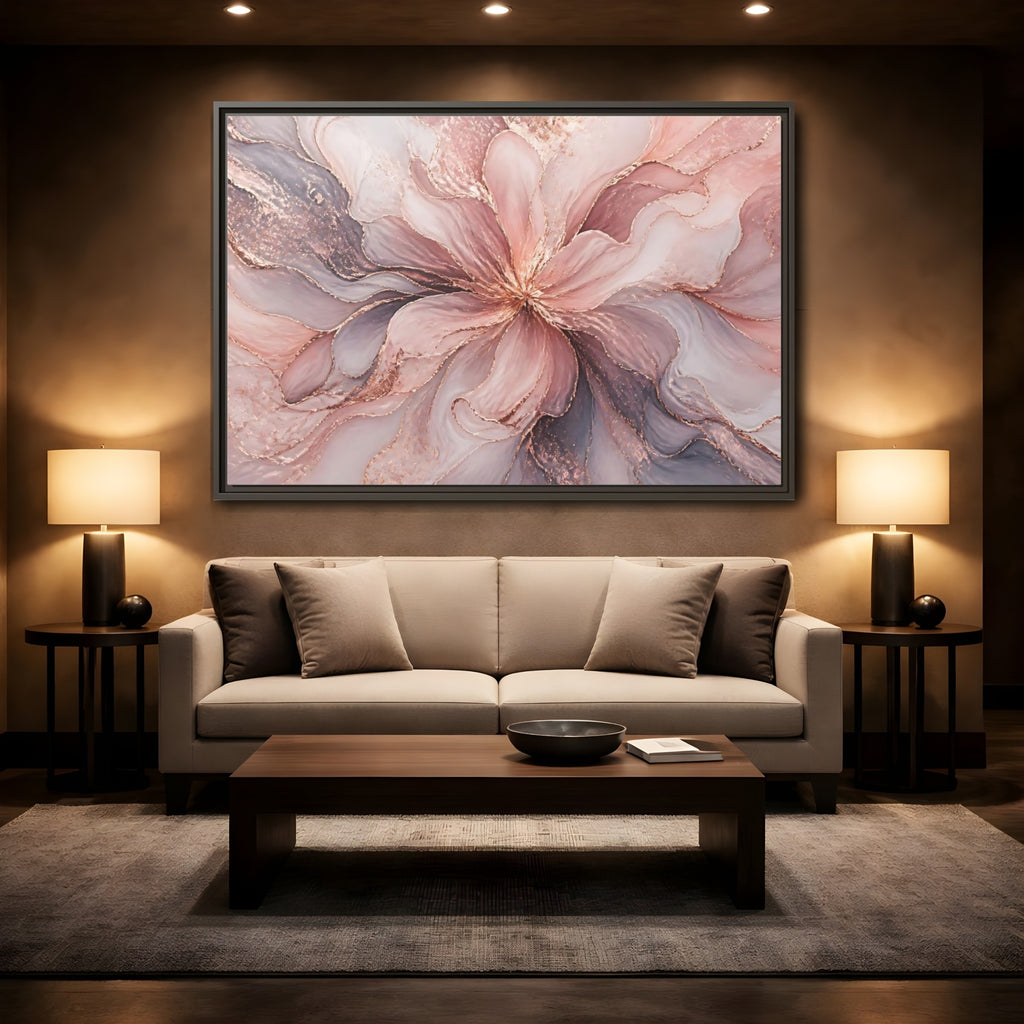 Mockup 2. Floral Abstract Flower Pink And Rose Gold shown as stretched canvas wall art