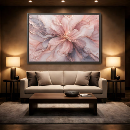 Mockup 2. Floral Abstract Flower Pink And Rose Gold shown as stretched canvas wall art