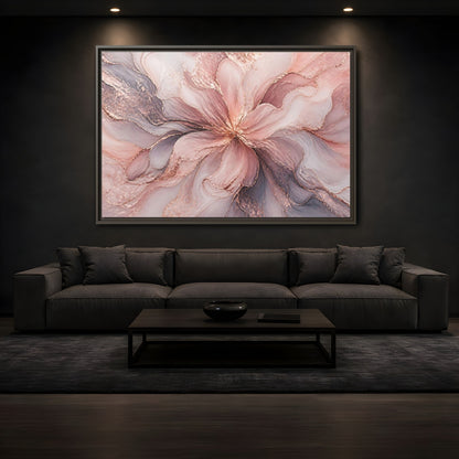 Mockup 3. Floral Abstract Flower Pink And Rose Gold shown as stretched canvas wall art