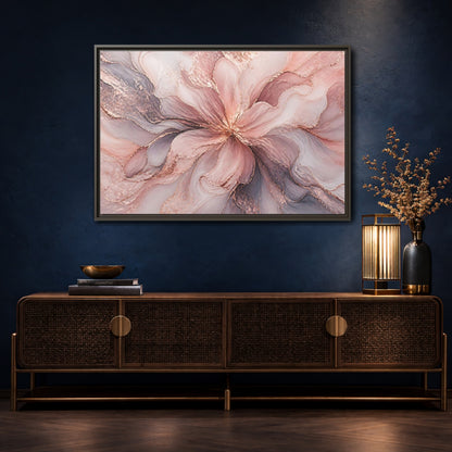 Mockup 4. Floral Abstract Flower Pink And Rose Gold shown as stretched canvas wall art