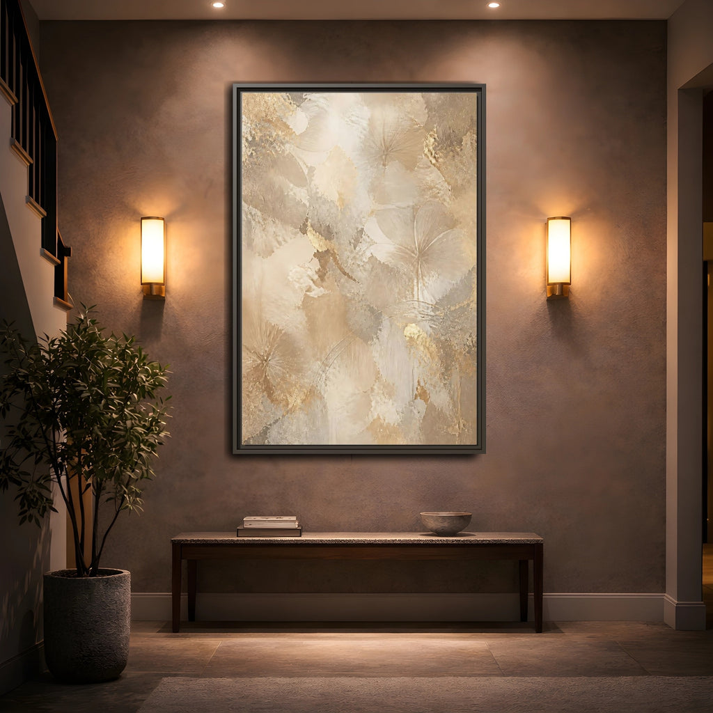 Mockup 2. Floral Abstract Flowers Beige Gold Floral shown as stretched canvas wall art