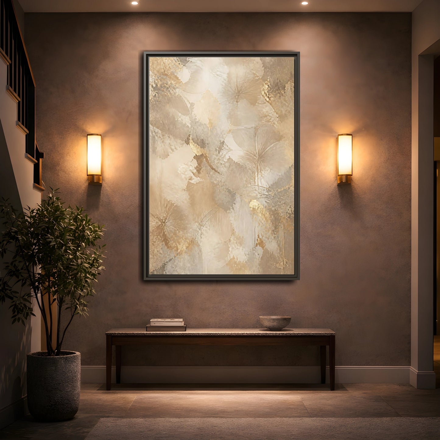 Mockup 2. Floral Abstract Flowers Beige Gold Floral shown as stretched canvas wall art