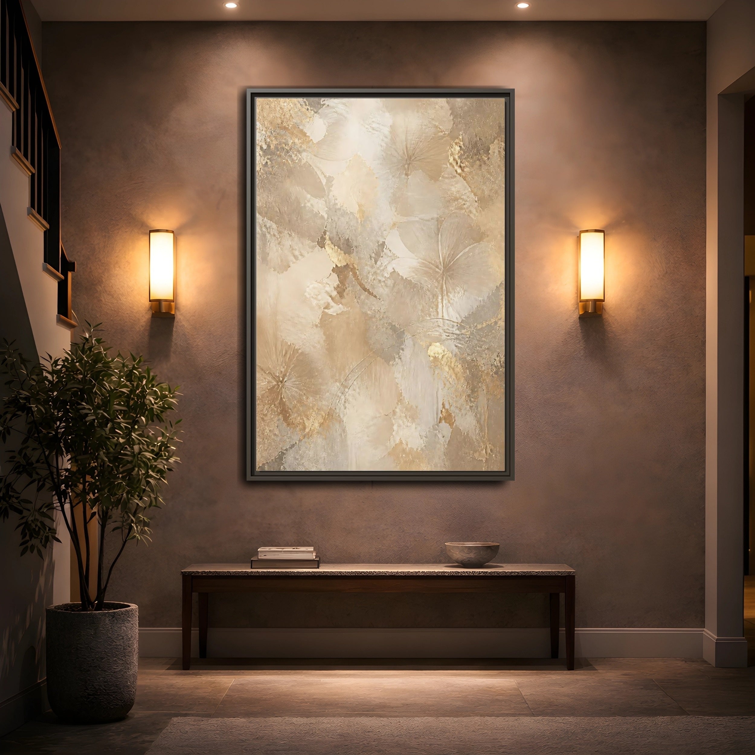 Mockup 2. Floral Abstract Flowers Beige Gold Floral shown as stretched canvas wall art