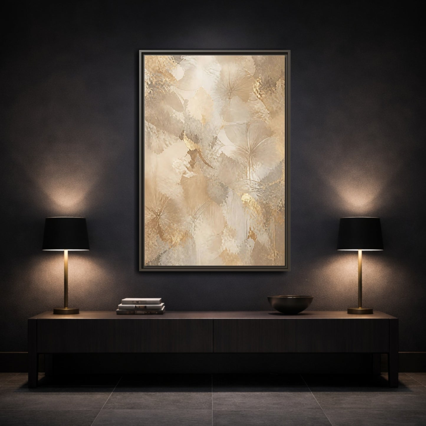 Mockup 3. Floral Abstract Flowers Beige Gold Floral shown as stretched canvas wall art