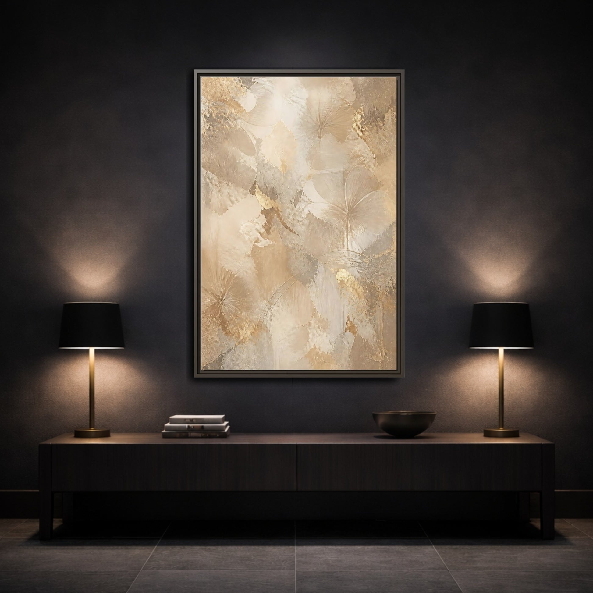 Mockup 3. Floral Abstract Flowers Beige Gold Floral shown as stretched canvas wall art