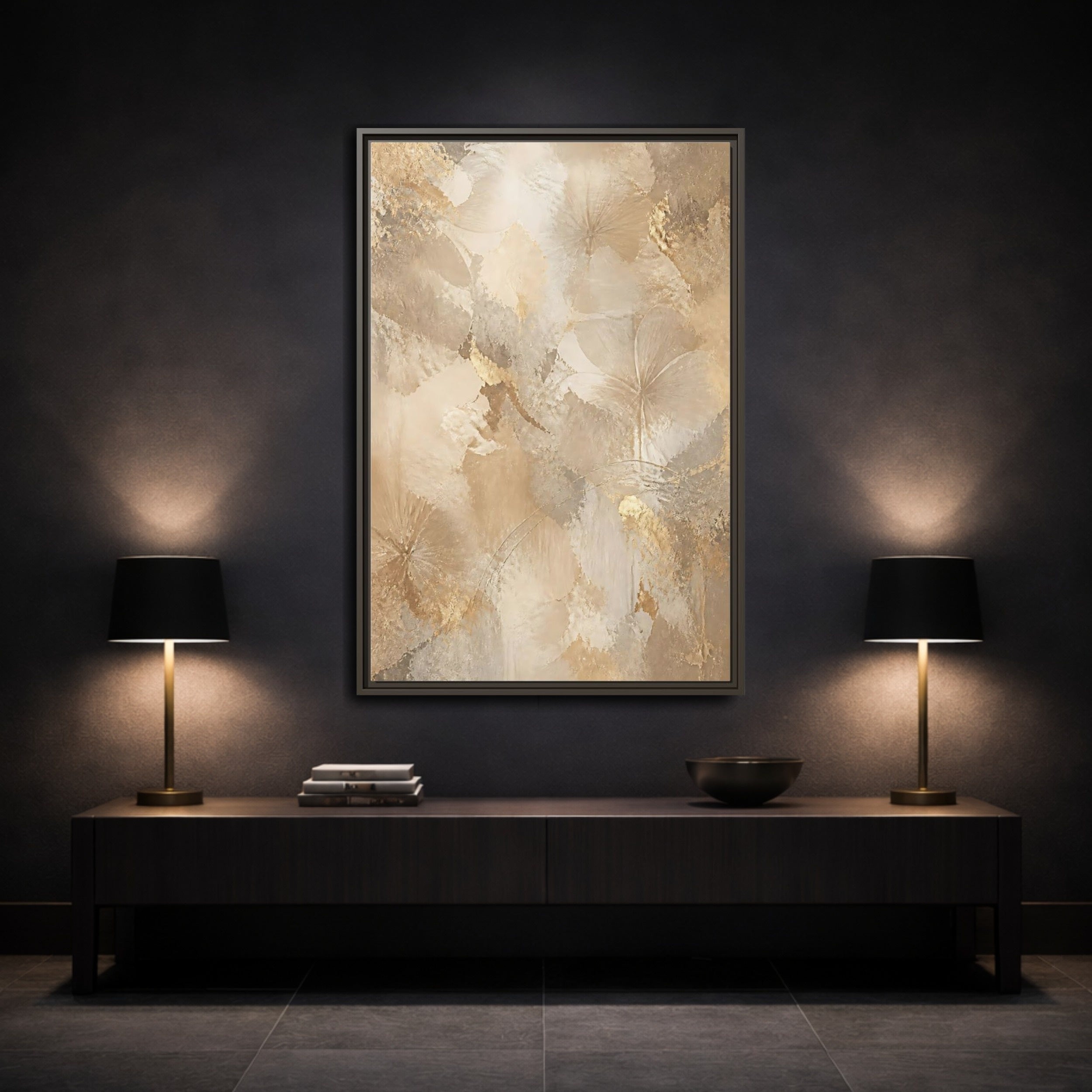 Mockup 3. Floral Abstract Flowers Beige Gold Floral shown as stretched canvas wall art