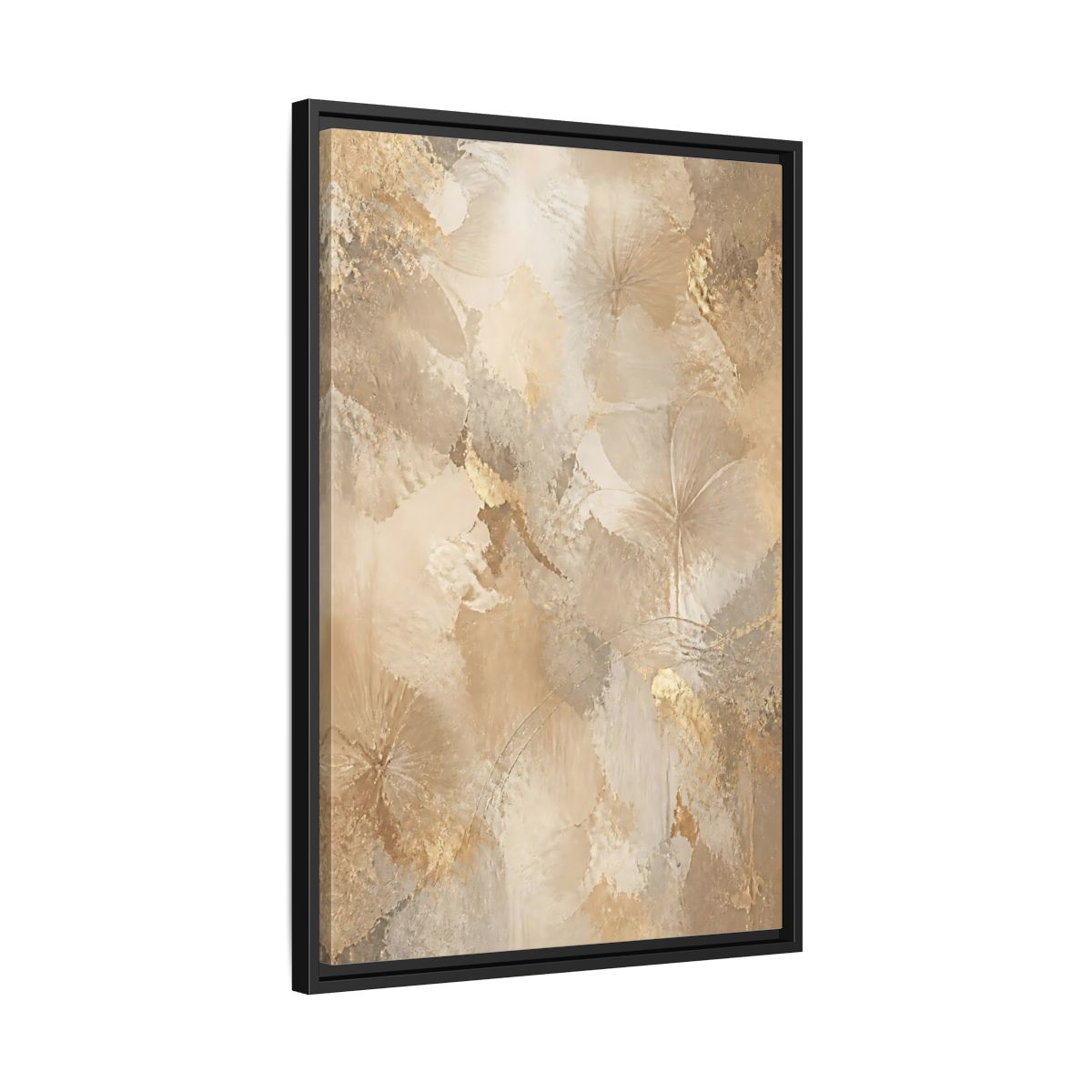 Side Mockup 14. Floral Abstract Flowers Beige Gold Floral shown as stretched canvas wall art