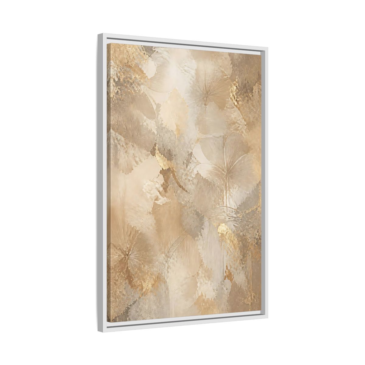Side Mockup 10. Floral Abstract Flowers Beige Gold Floral shown as stretched canvas wall art