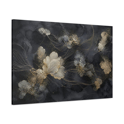Main Mockup. Floral Abstract Flowers Black And Gold shown as stretched canvas wall art