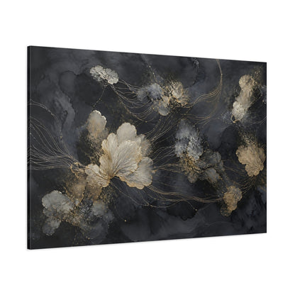 Side Mockup 1. Floral Abstract Flowers Black And Gold shown as stretched canvas wall art