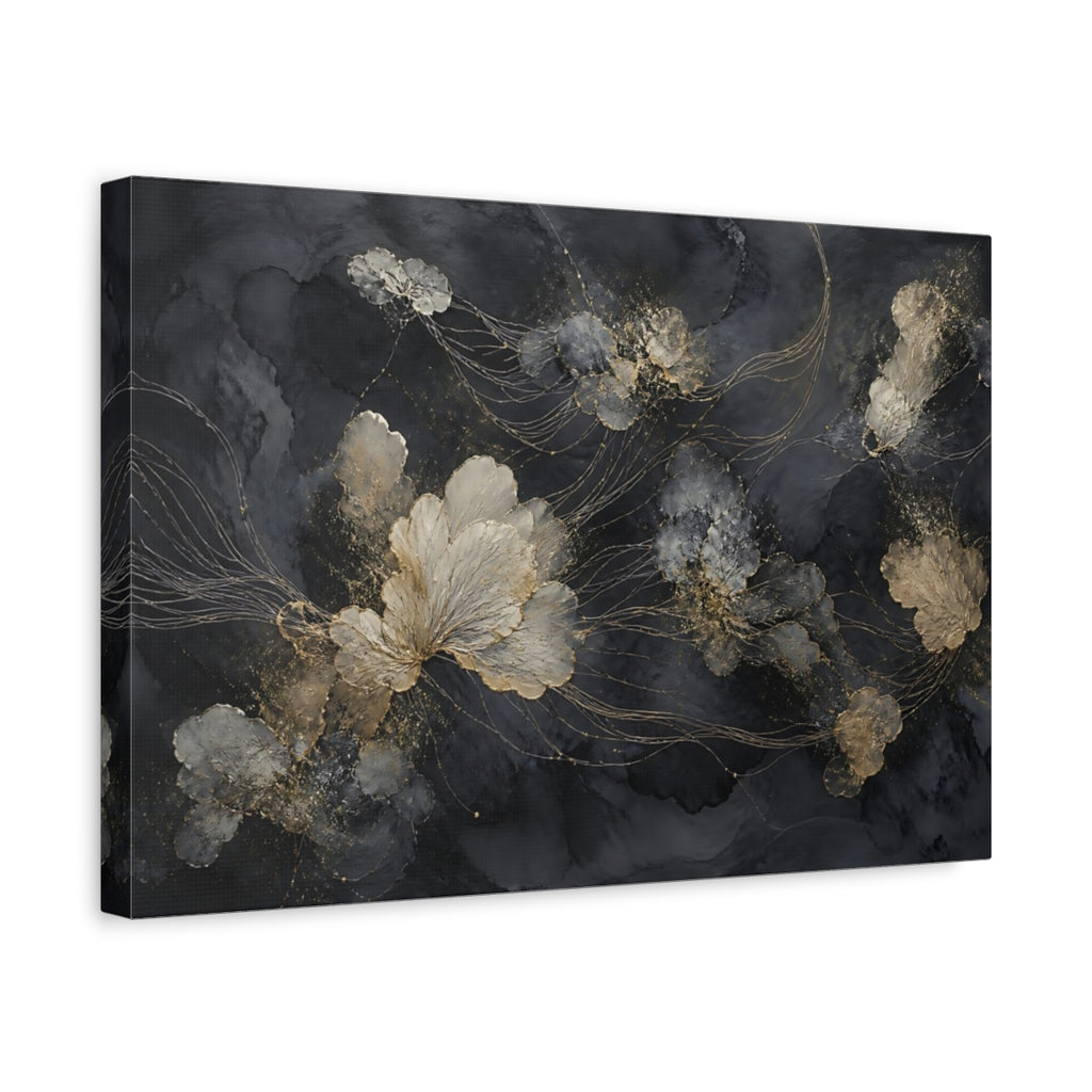 Side Mockup 4. Floral Abstract Flowers Black And Gold shown as stretched canvas wall art