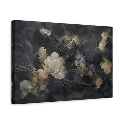 Side Mockup 4. Floral Abstract Flowers Black And Gold shown as stretched canvas wall art