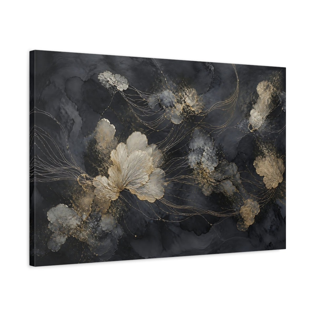 Side Mockup 2. Floral Abstract Flowers Black And Gold shown as stretched canvas wall art