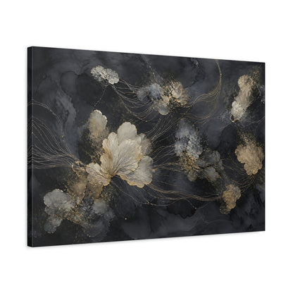 Side Mockup 2. Floral Abstract Flowers Black And Gold shown as stretched canvas wall art