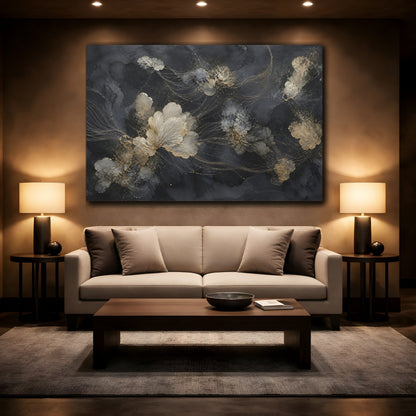 Mockup 2. Floral Abstract Flowers Black And Gold shown as stretched canvas wall art
