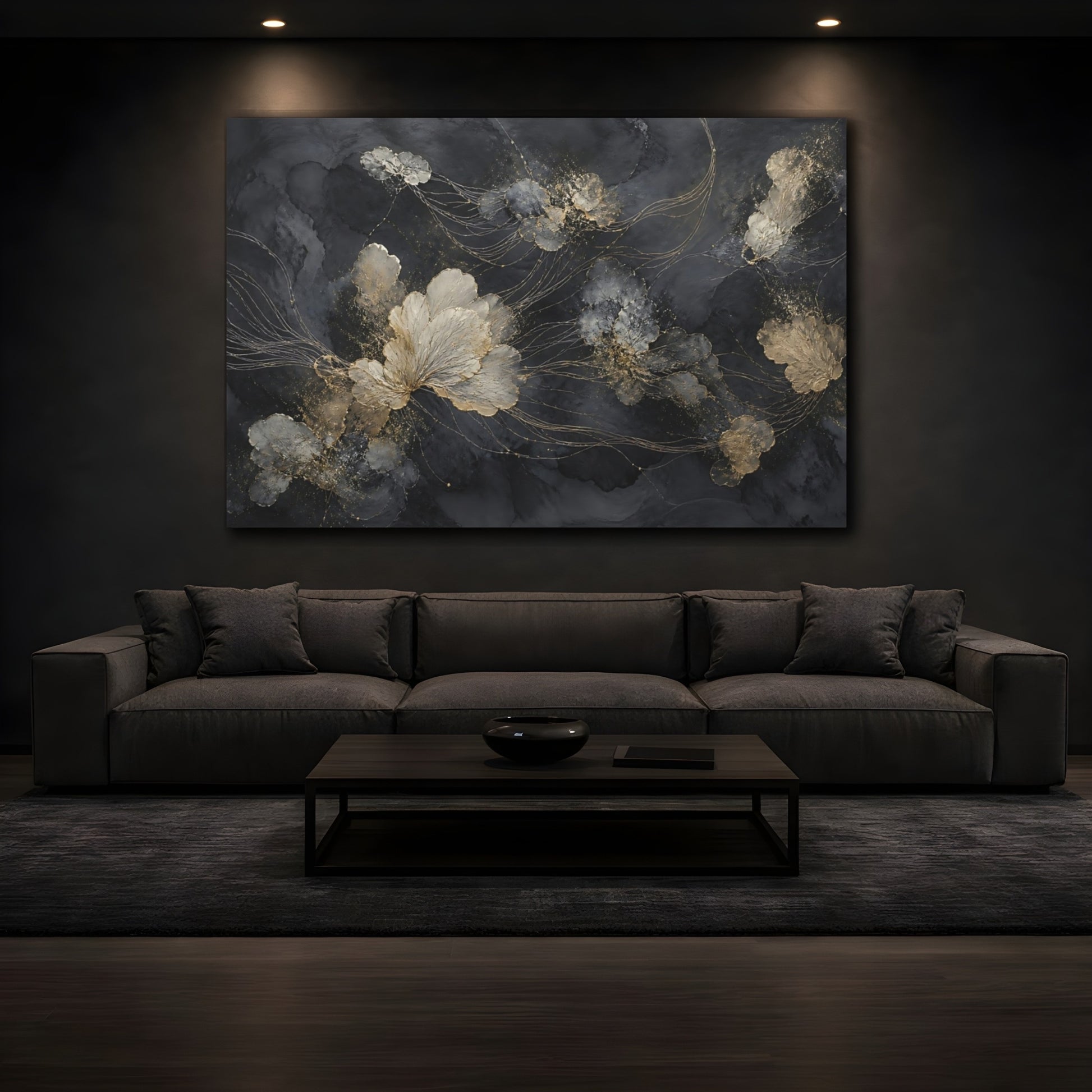 Mockup 3. Floral Abstract Flowers Black And Gold shown as stretched canvas wall art